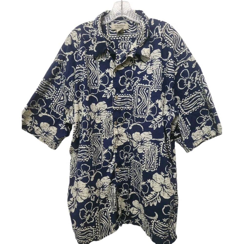 Northern Apparel Men's HAWAIIAN Shirt 2XL Short Sleeve Navy white Floral Button